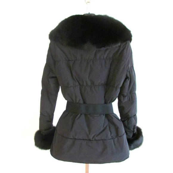 Post Card Fox Fur Trim Black Belted Hip Length Down Designer Coat Size10.R - Picture 3 of 14